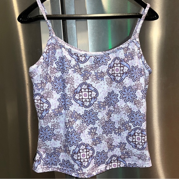 PrAna Purple geometric TANK TOP women Lrg thin Straps Cropped Built In BRA Knit - Picture 9 of 11